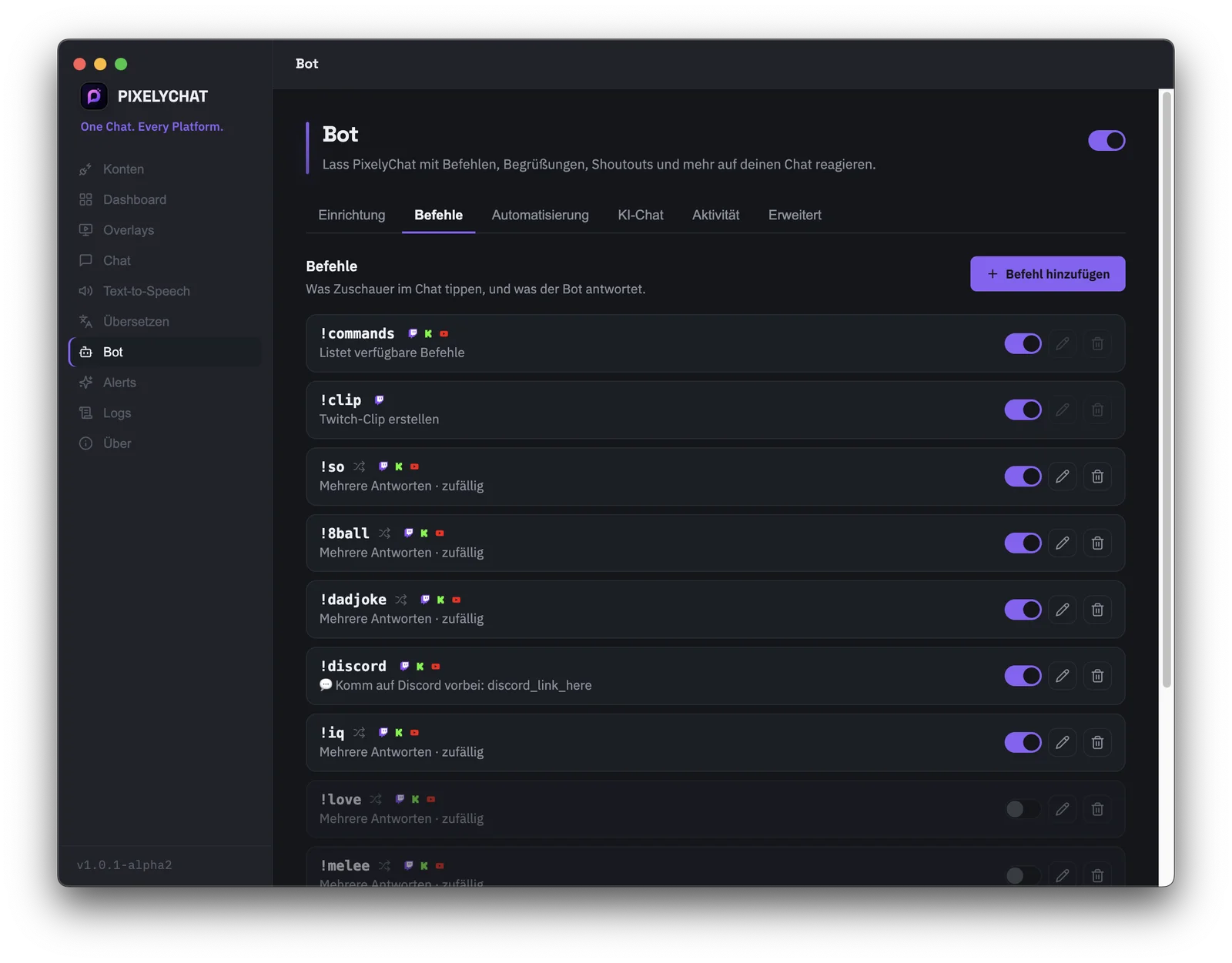 PixelyChat Chatbot-Befehlseditor für Twitch, Kick und YouTube