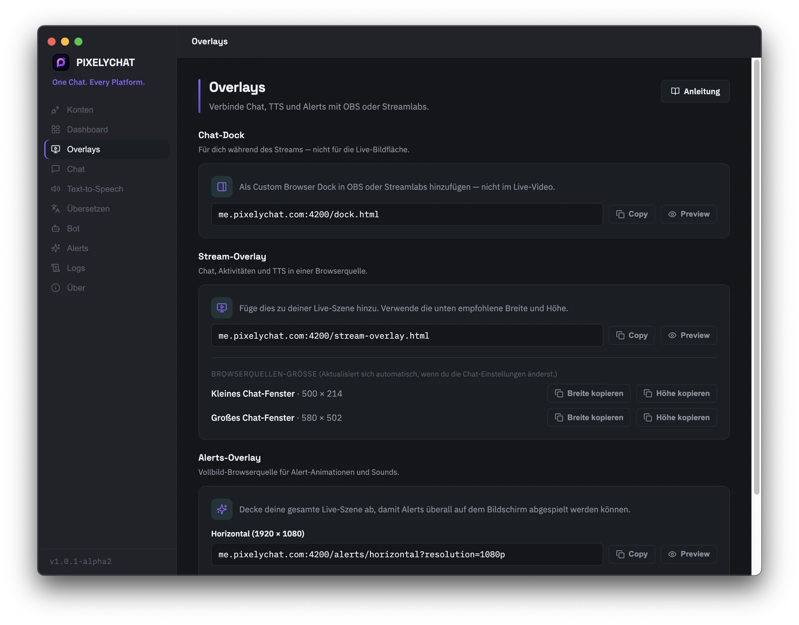 OBS- und Streamlabs-Browserquellen-Link-Generator in PixelyChat
