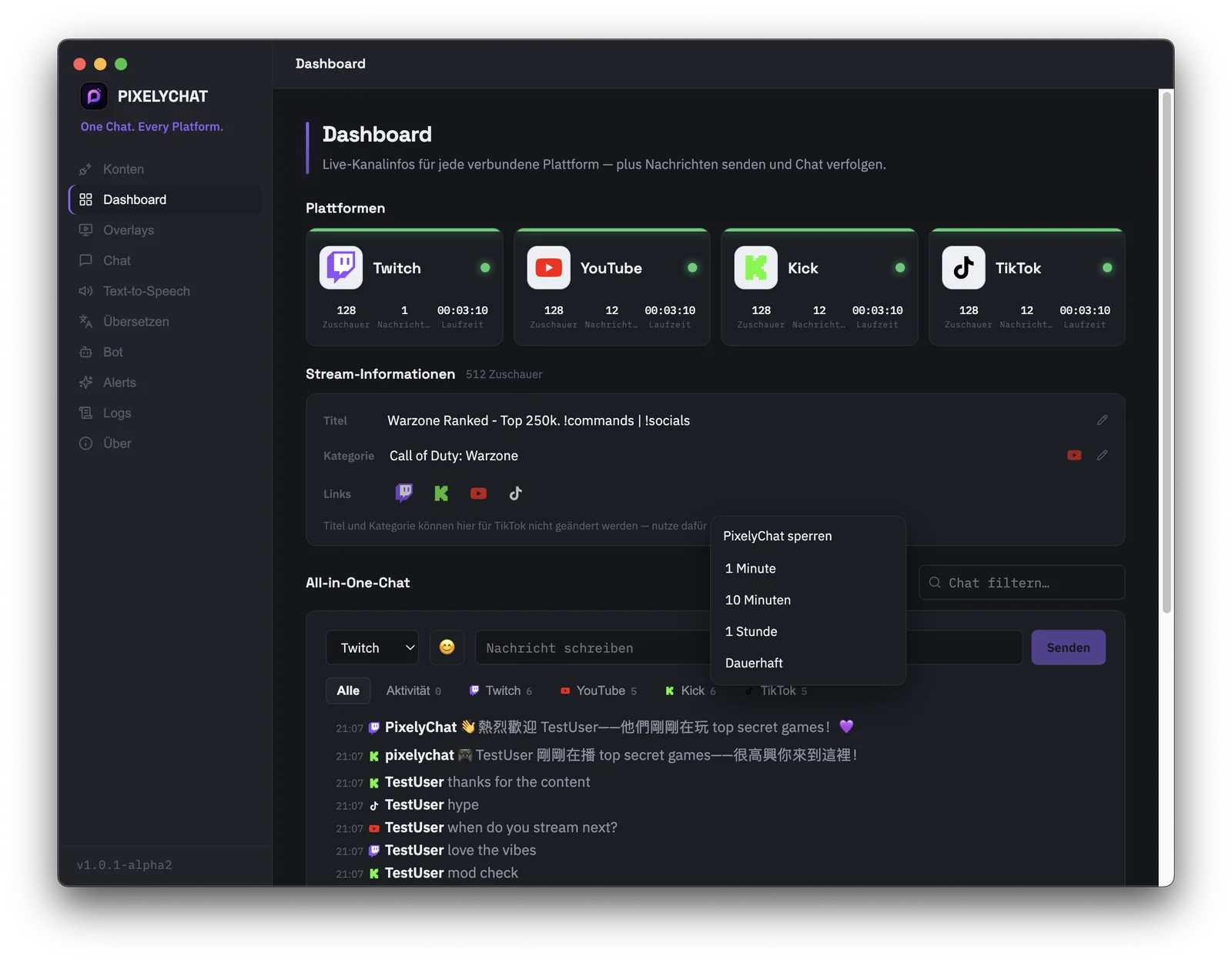 PixelyChat-Dashboard mit Schnellverwaltungs-Tools zum Löschen von Nachrichten, Blockieren von Nutzern und Bearbeiten von Titel und Kategorie