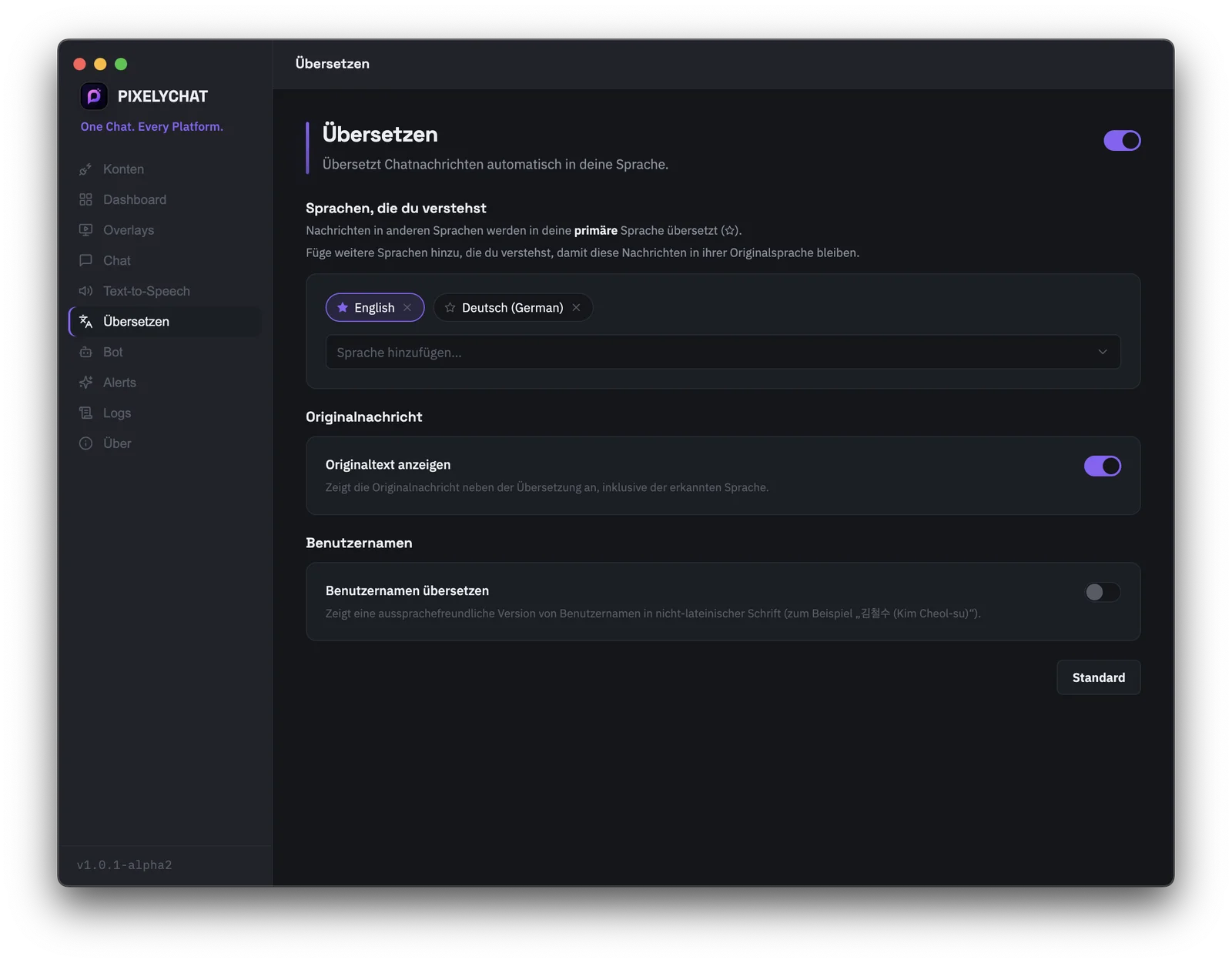 Live-Chat-Übersetzungseinstellungen in PixelyChat