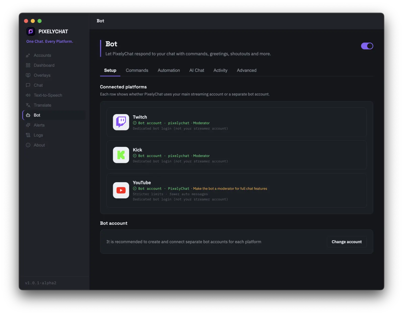 PixelyChat-Bot-Einrichtungsbildschirm mit verbundenen Bot-Konten pro Plattform