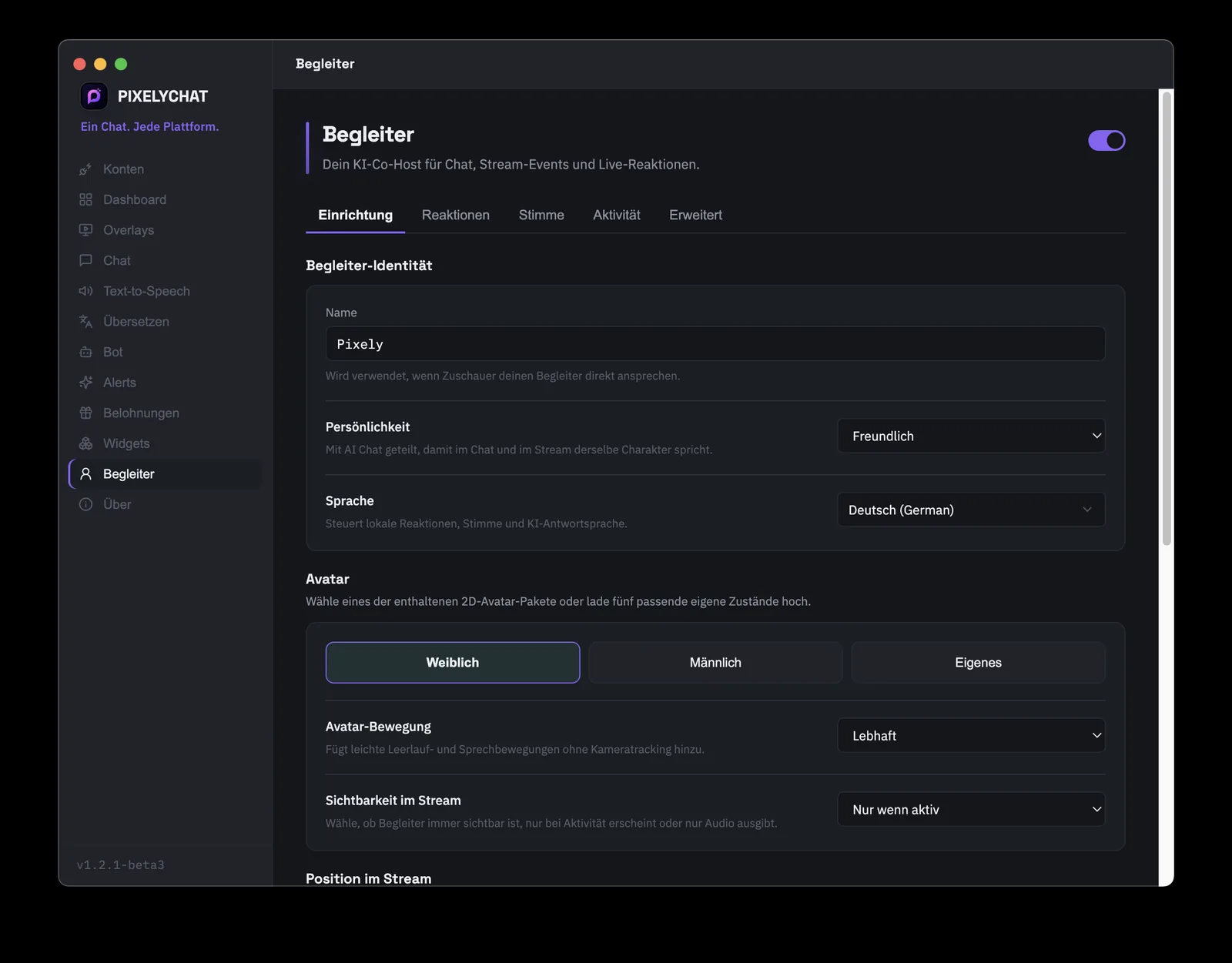 PixelyChat Companion mit Einstellungen für KI-Co-Host, Persönlichkeit, Sprache, Avatar und Stream-Sichtbarkeit