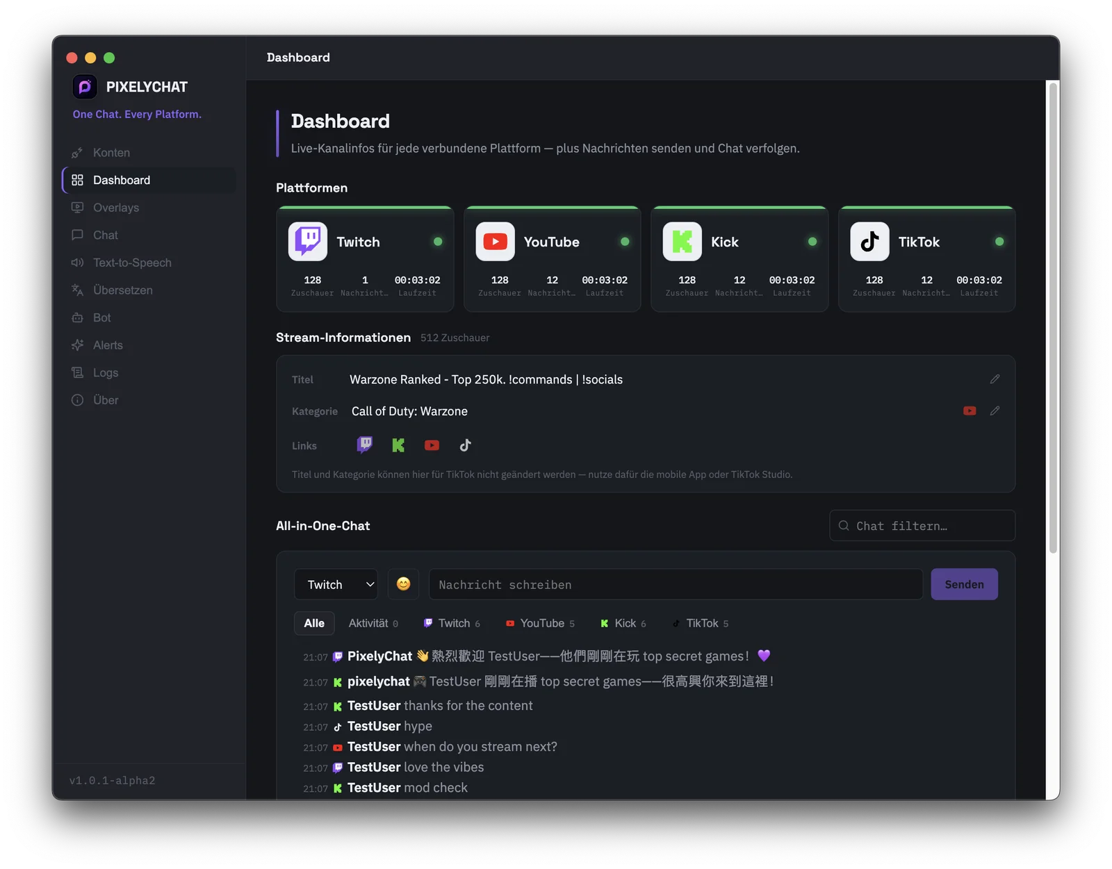 PixelyChat-Dashboard mit Plattform-Karten, Stream-Informationen und dem All-in-One-Chat-Composer