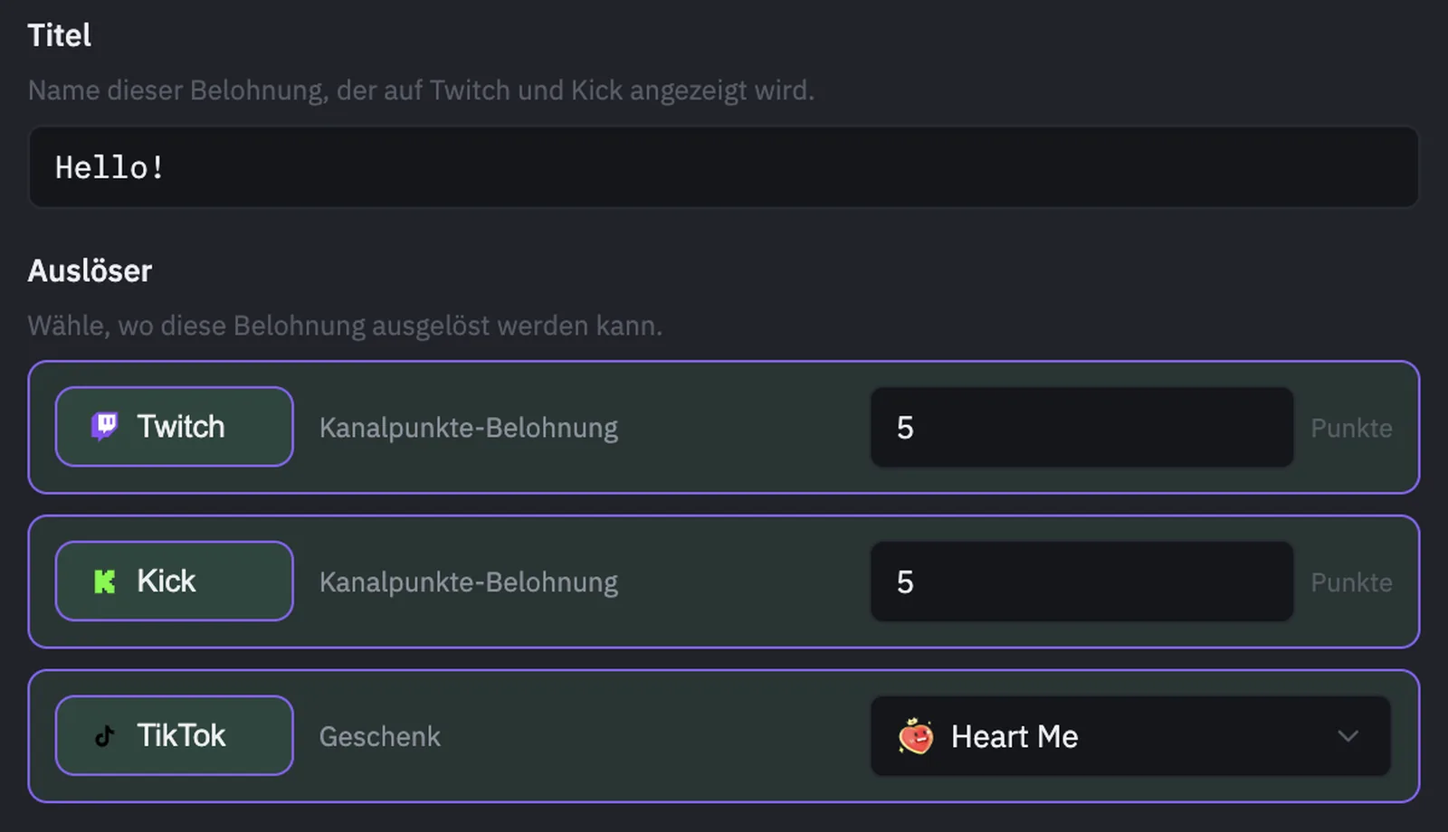 PixelyChat-Trigger-Einrichtung mit einem verknüpften TikTok-Geschenk neben Twitch- und Kick-Channel-Point-Kosten