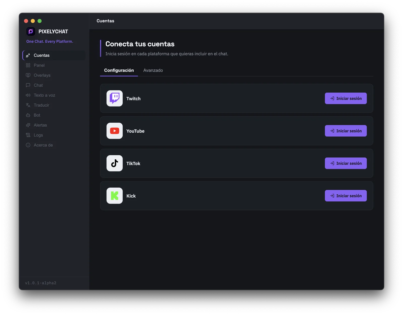 Conectando cuentas de Twitch, YouTube, Kick y TikTok en PixelyChat