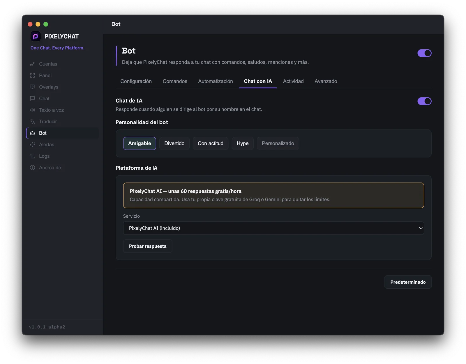 El chatbot con IA de PixelyChat responde automáticamente en el chat del stream