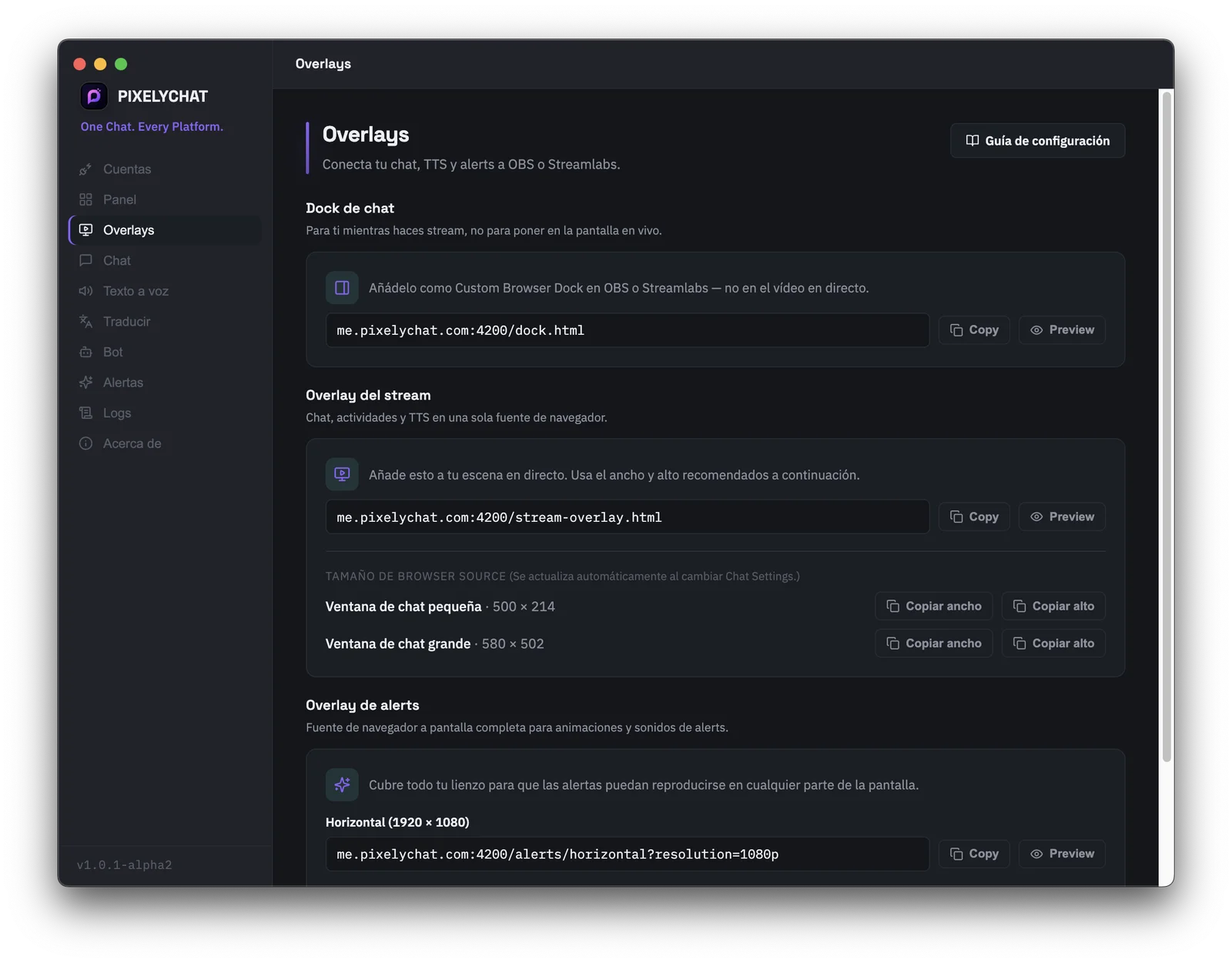 Generador de enlaces de fuente de navegador para OBS y Streamlabs en PixelyChat