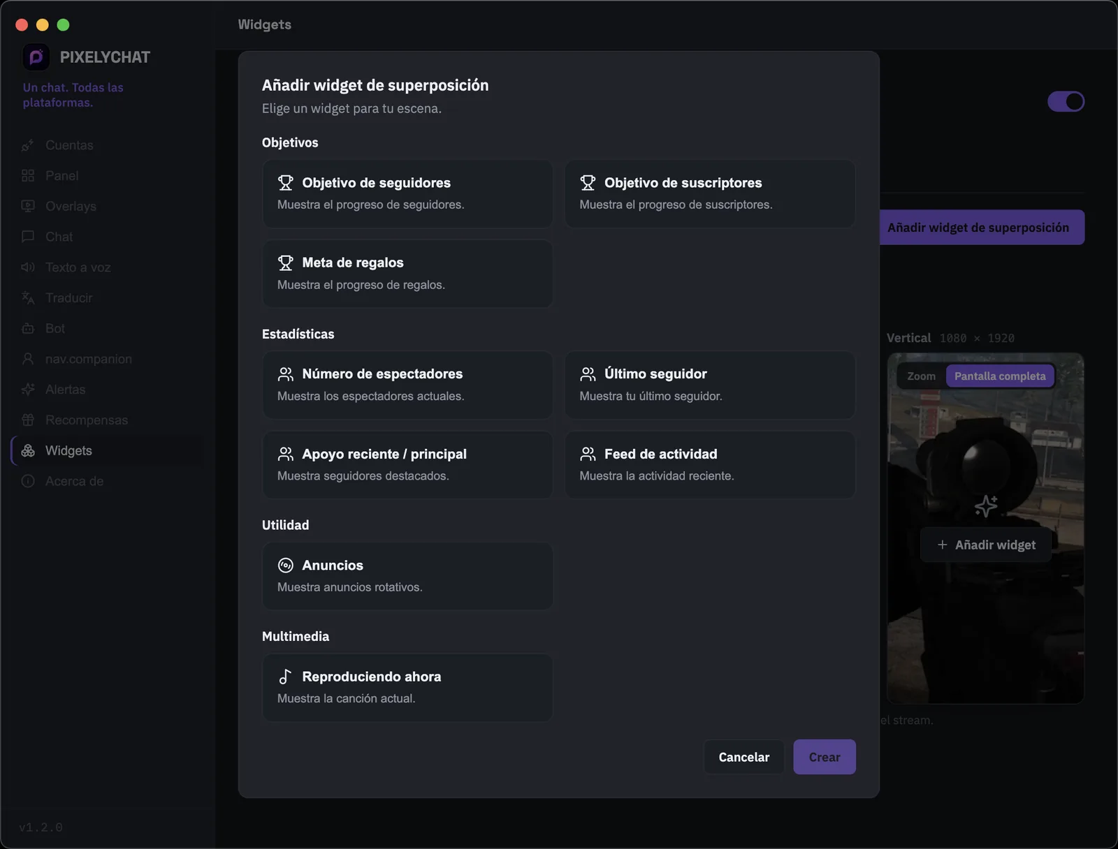 Página de Widgets de PixelyChat con metas de seguidores, suscriptores y regalos, estadísticas en directo, actividad, anuncios y Now Playing