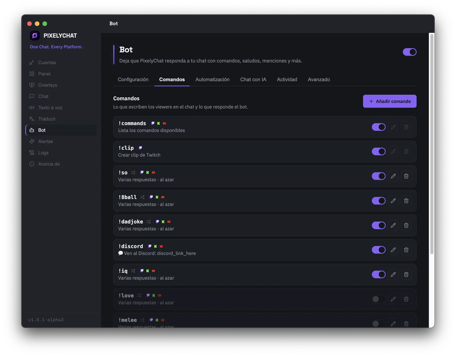 Pantalla de comandos del bot de PixelyChat