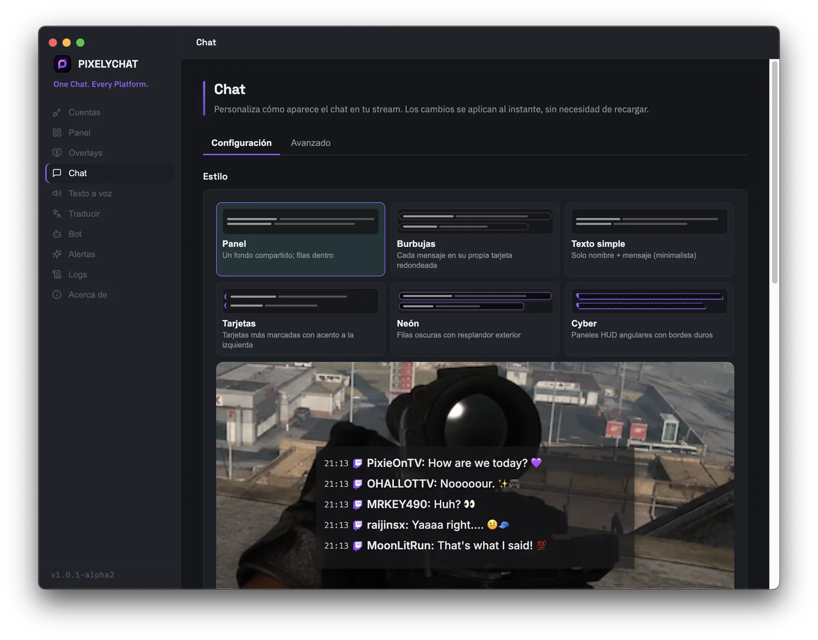 Página de Configuración del chat de PixelyChat