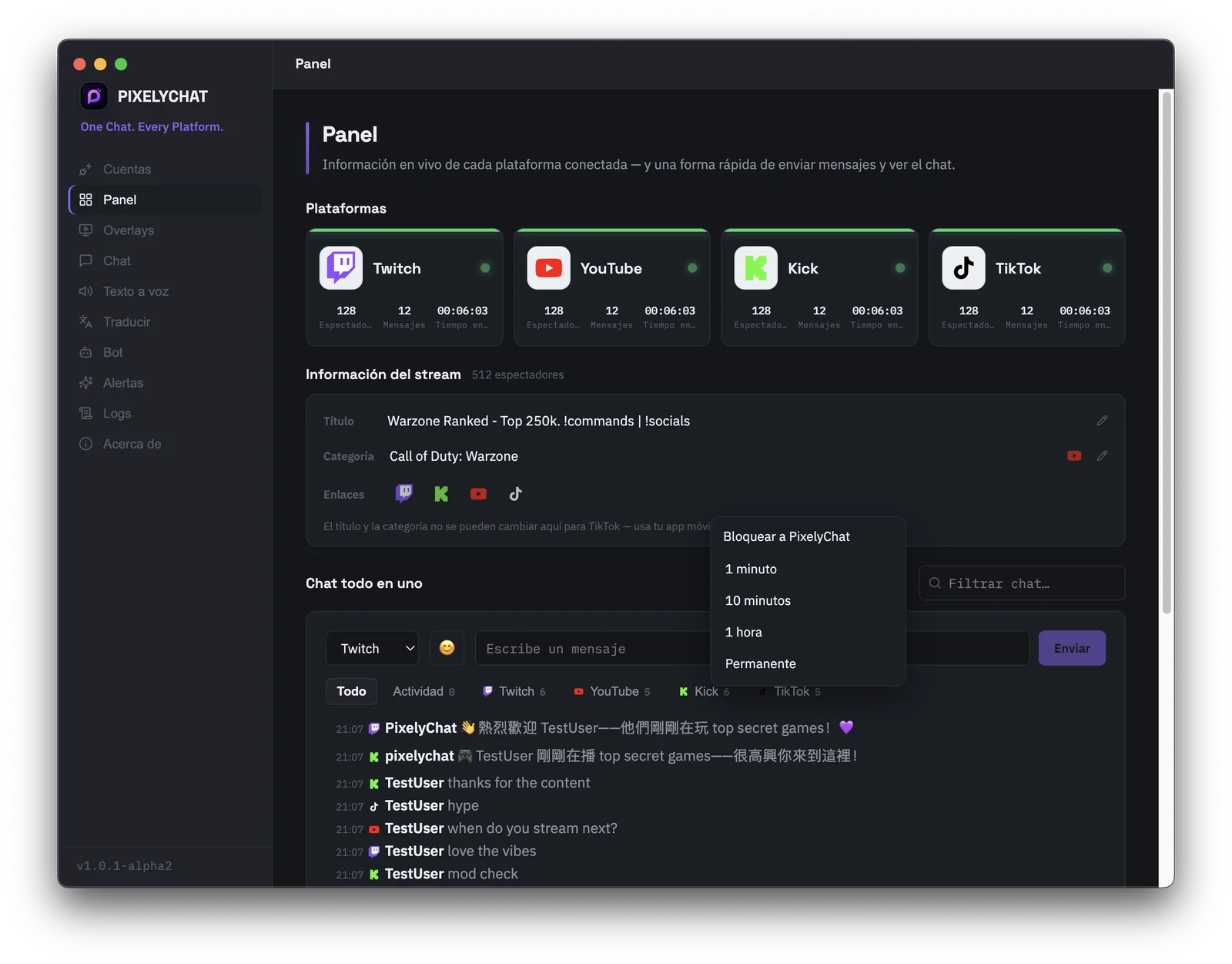 Interfaz de moderación de PixelyChat