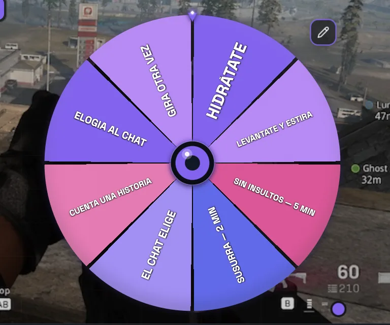 Spin Wheel de PixelyChat con una ruleta interactiva de colores para retos del stream