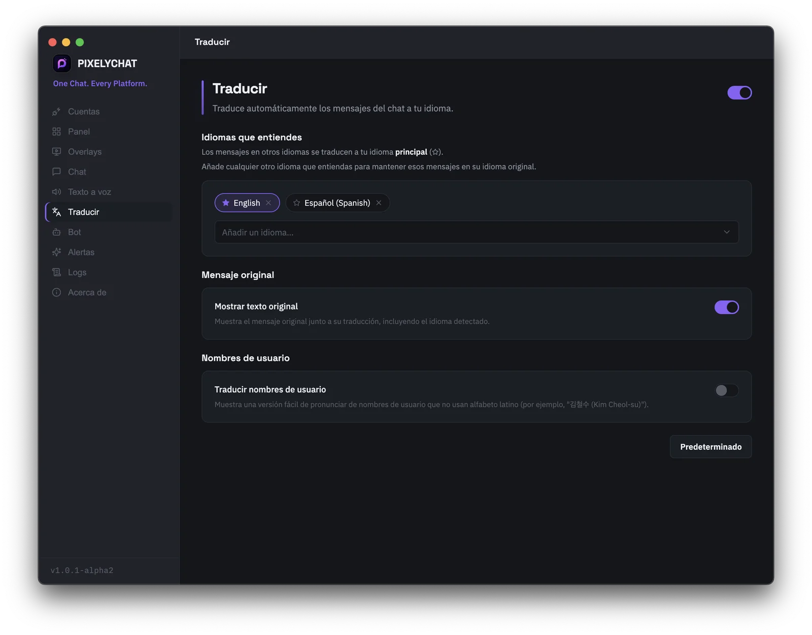 Configuración de traducción de PixelyChat