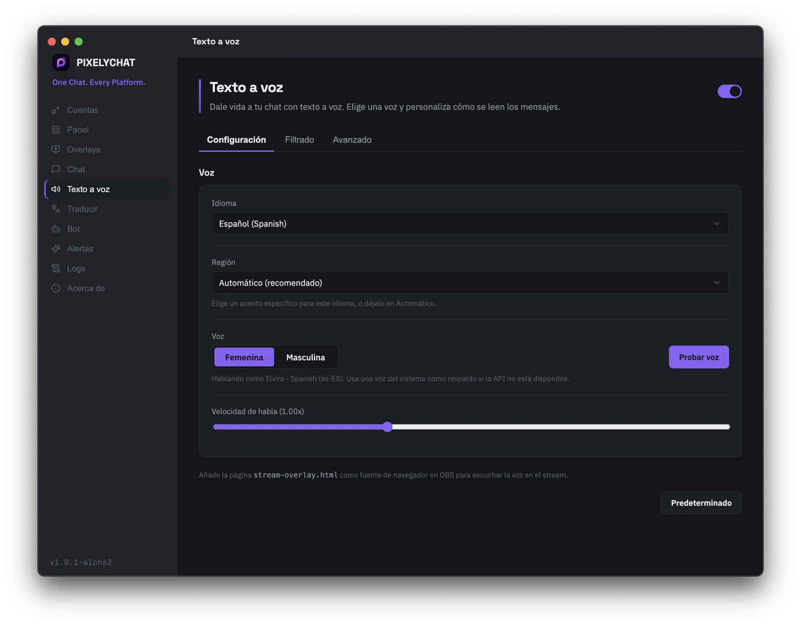 Configuración de TTS de PixelyChat