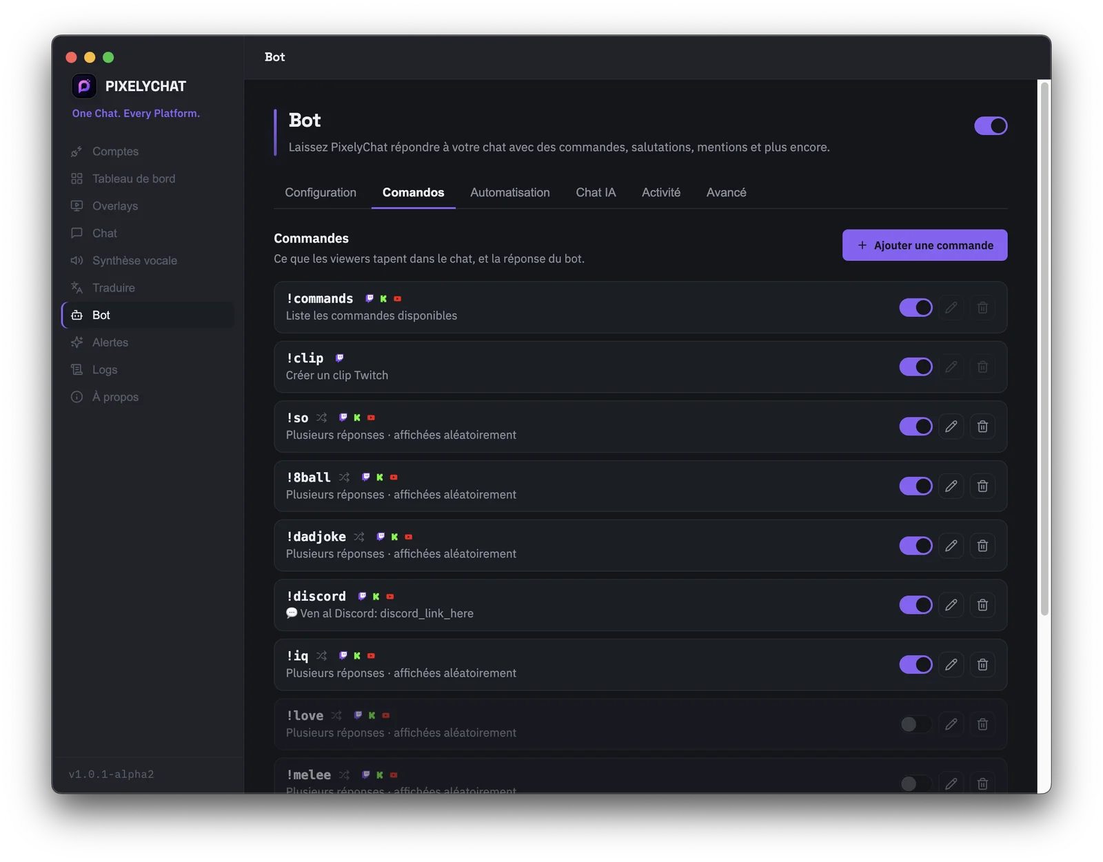 Éditeur de commandes personnalisées du chatbot PixelyChat pour Twitch, Kick et YouTube