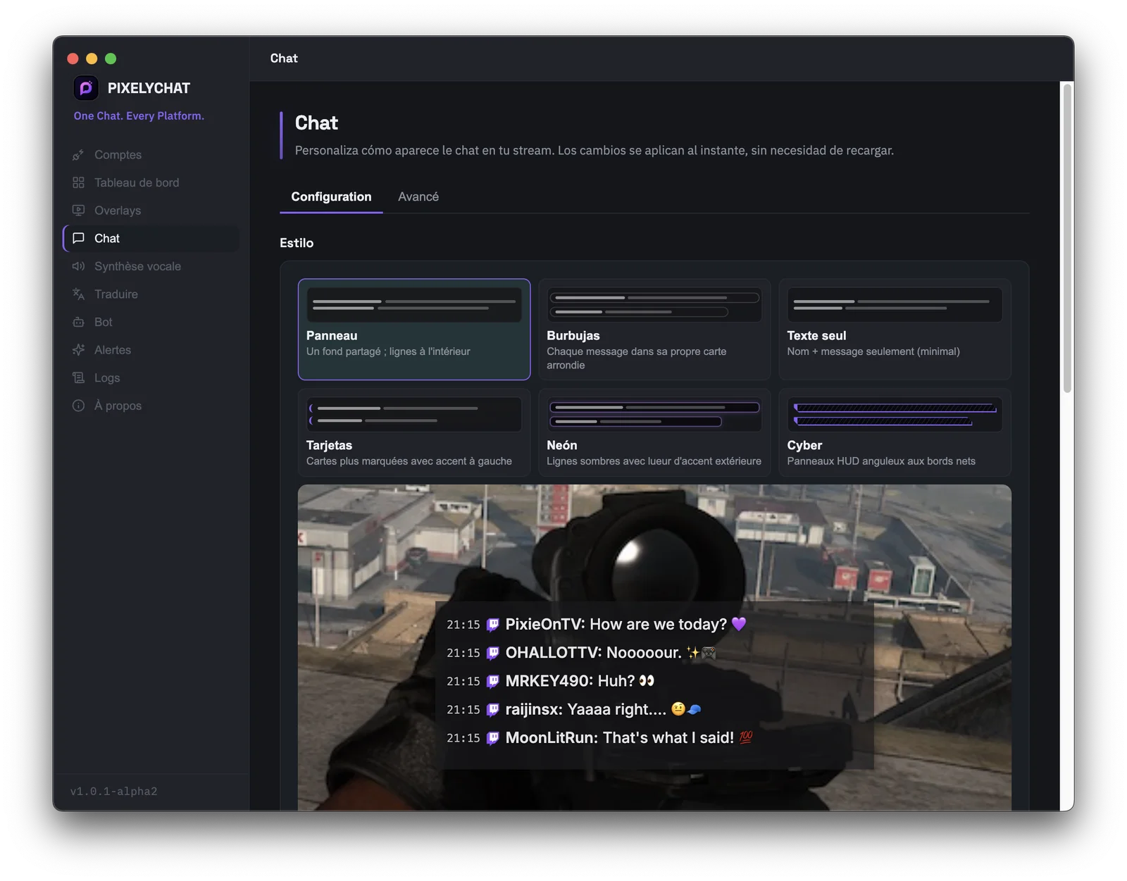Paramètres de personnalisation de l'overlay de chat OBS de PixelyChat