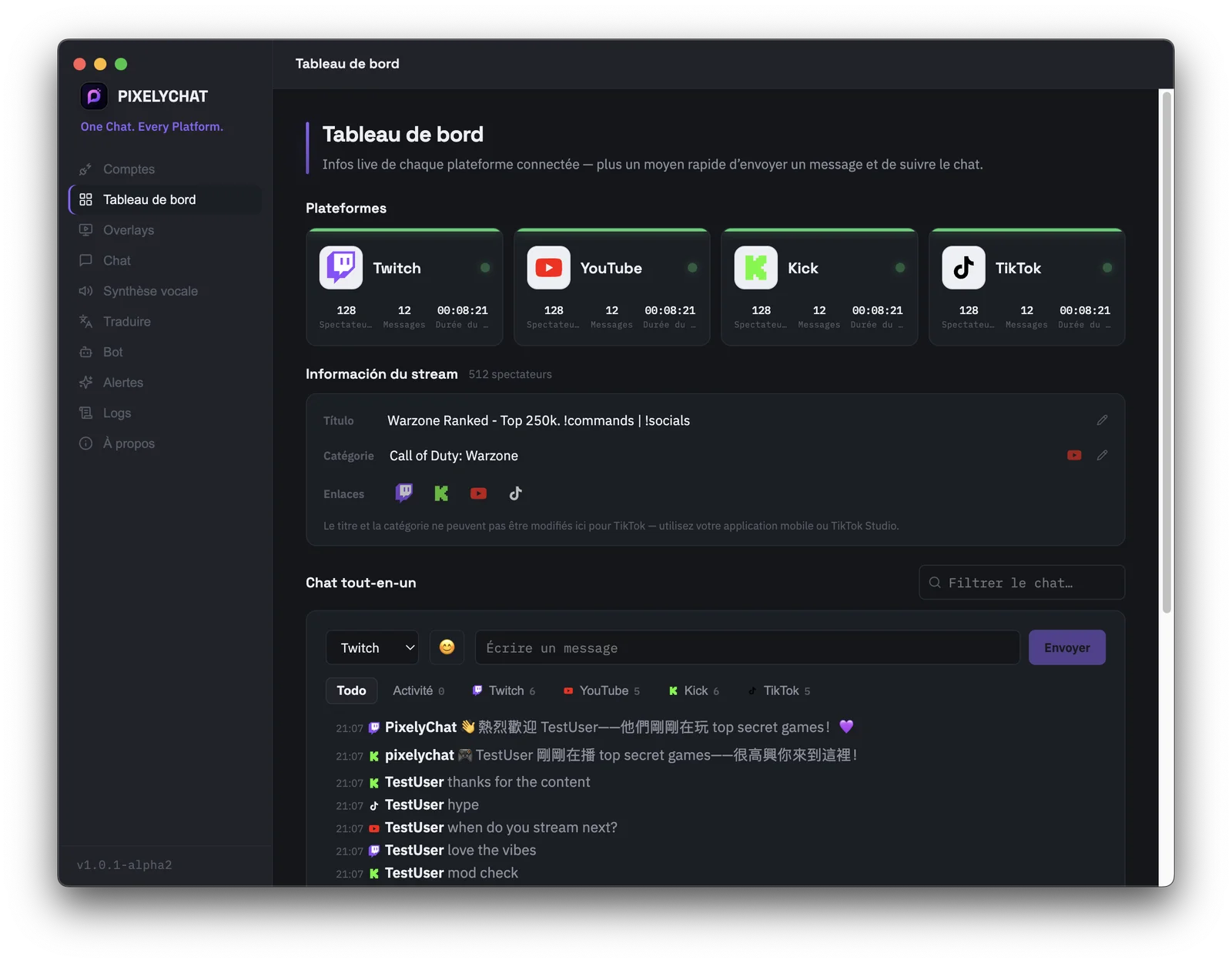 Tableau de bord PixelyChat montrant les chats Twitch, YouTube, Kick et TikTok réunis dans un seul flux