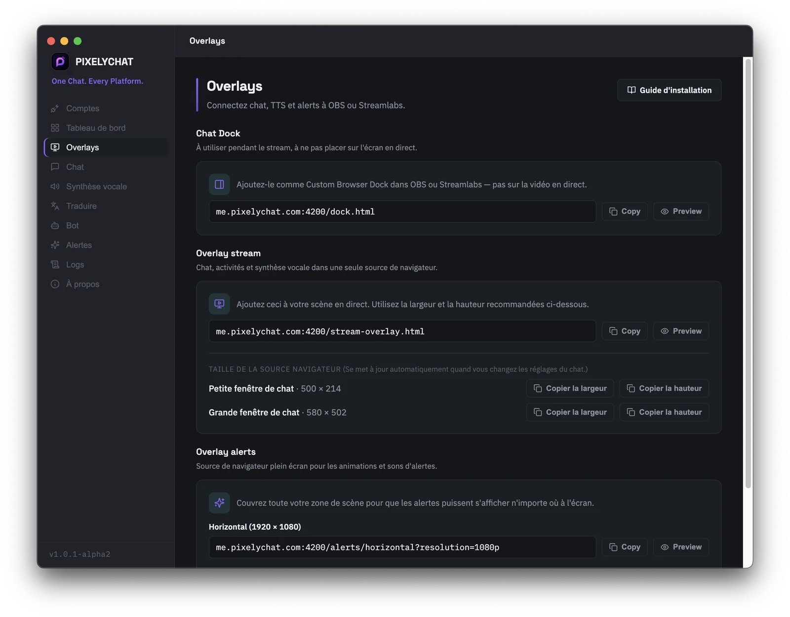 Générateur de lien de source navigateur OBS et Streamlabs dans PixelyChat