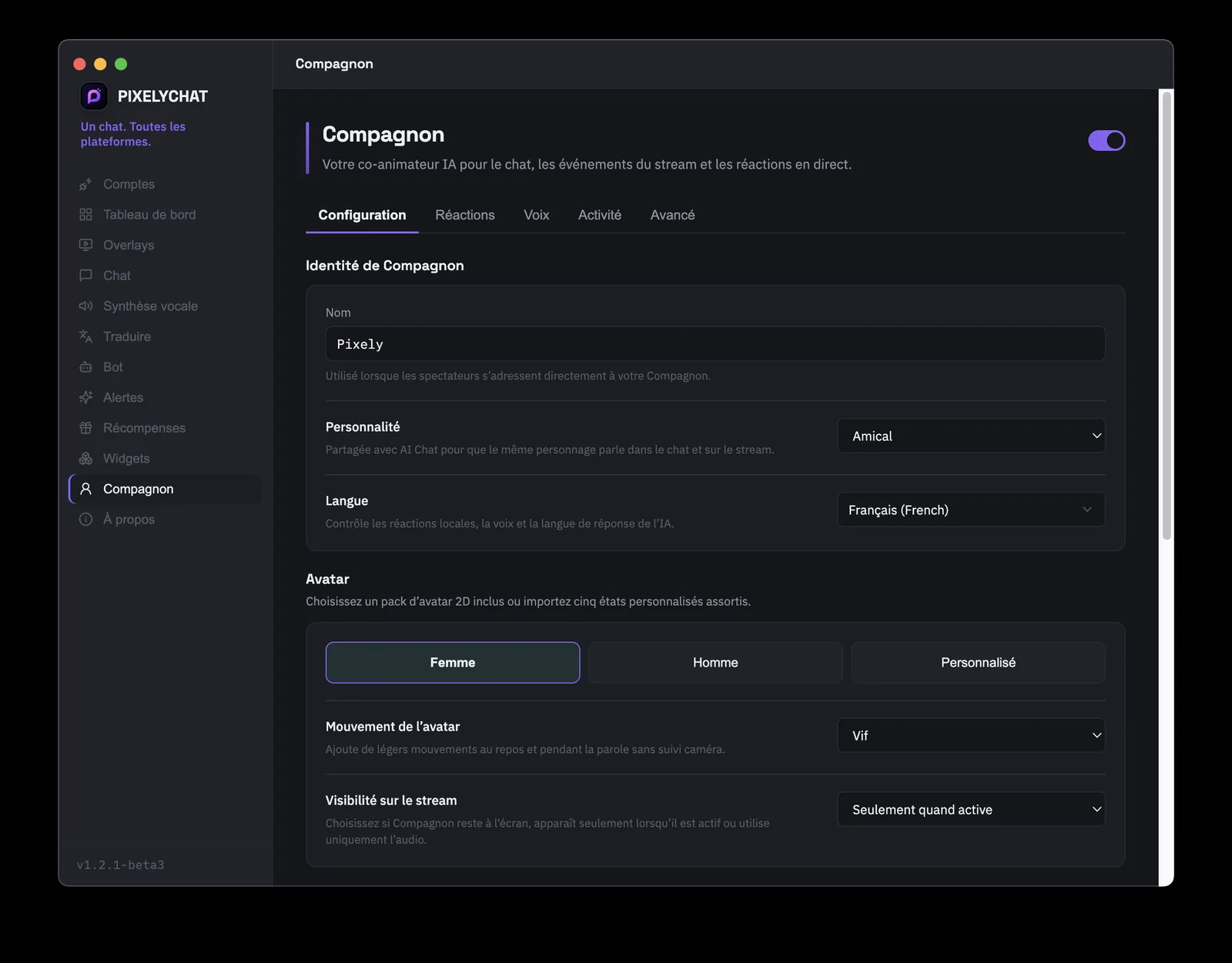 Page Companion de PixelyChat avec identité, personnalité, langue, avatar et visibilité du coanimateur IA