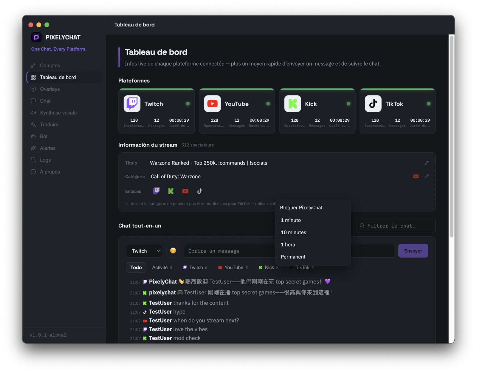 Interface de modération de PixelyChat