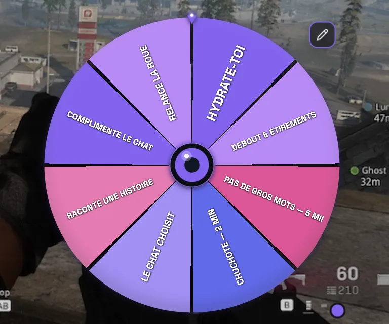 Spin Wheel PixelyChat avec roue interactive colorée pour les défis du stream