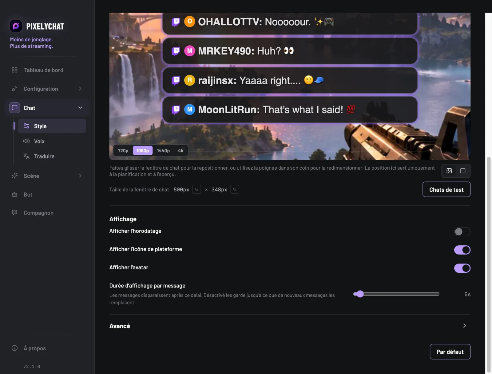 Les réglages du chat avec la nouvelle option Durée d’affichage par message