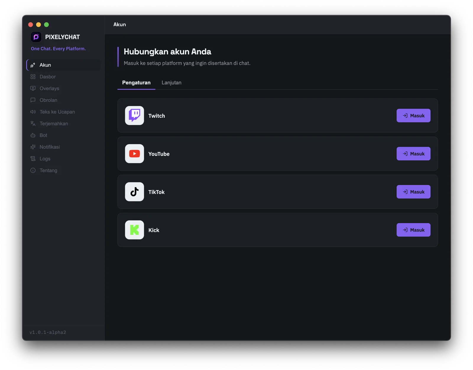 Menghubungkan akun Twitch, YouTube, Kick, dan TikTok di PixelyChat