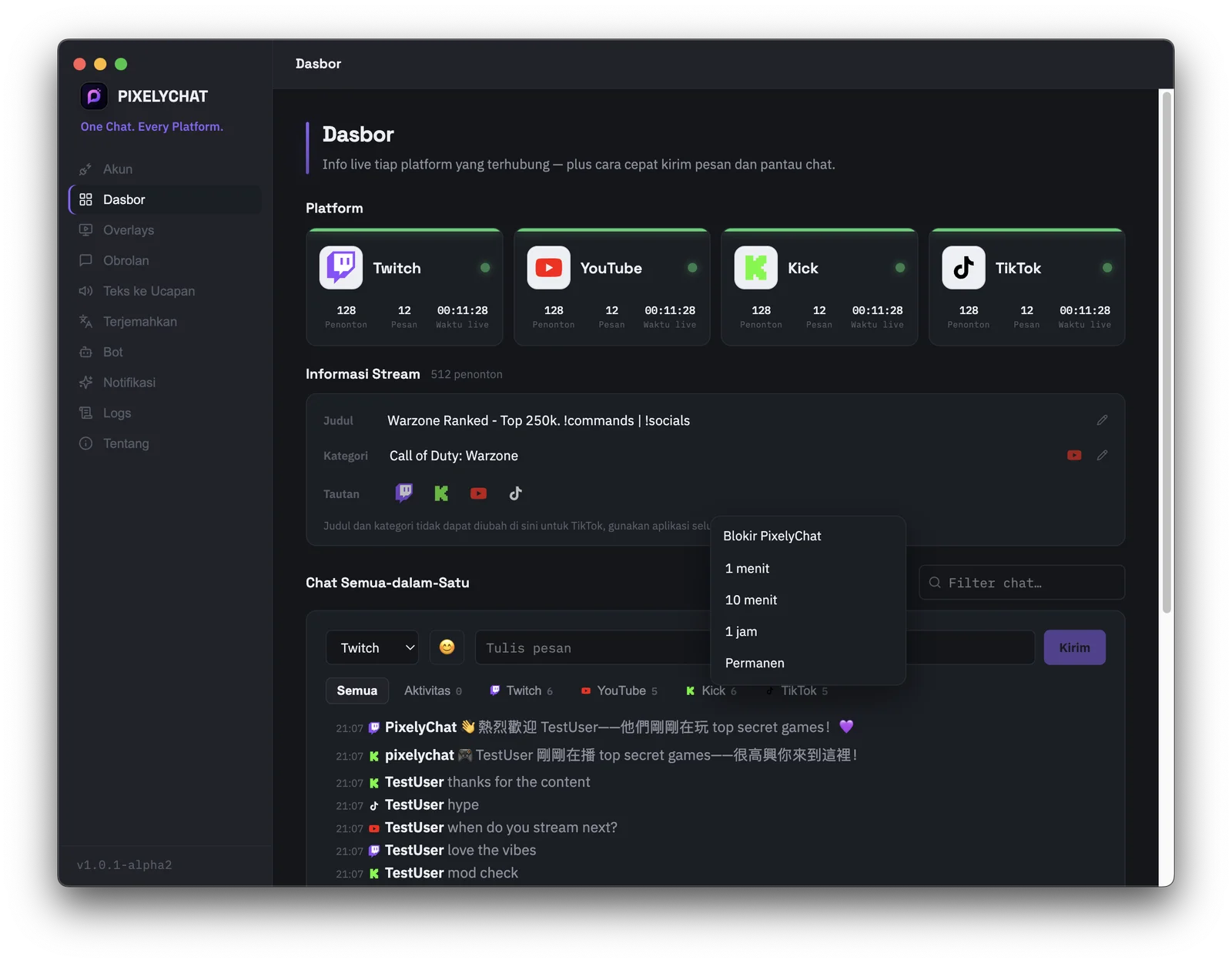 Dashboard PixelyChat dengan alat admin cepat untuk menghapus pesan, memblokir pengguna, dan mengedit judul serta kategori stream