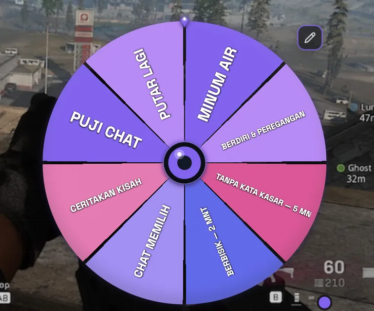 Action Widget Spin Wheel PixelyChat dengan roda transparan interaktif untuk challenge stream dan trigger penonton