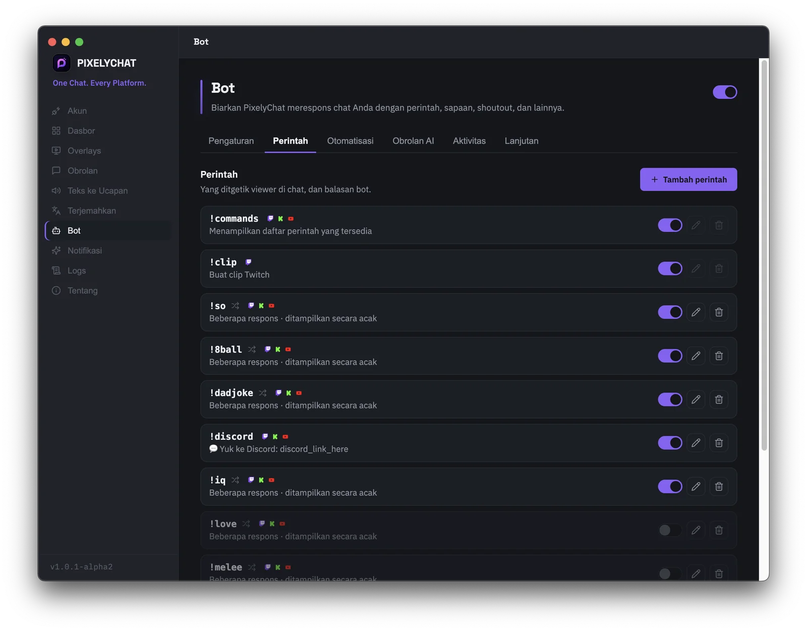 Layar perintah Bot PixelyChat