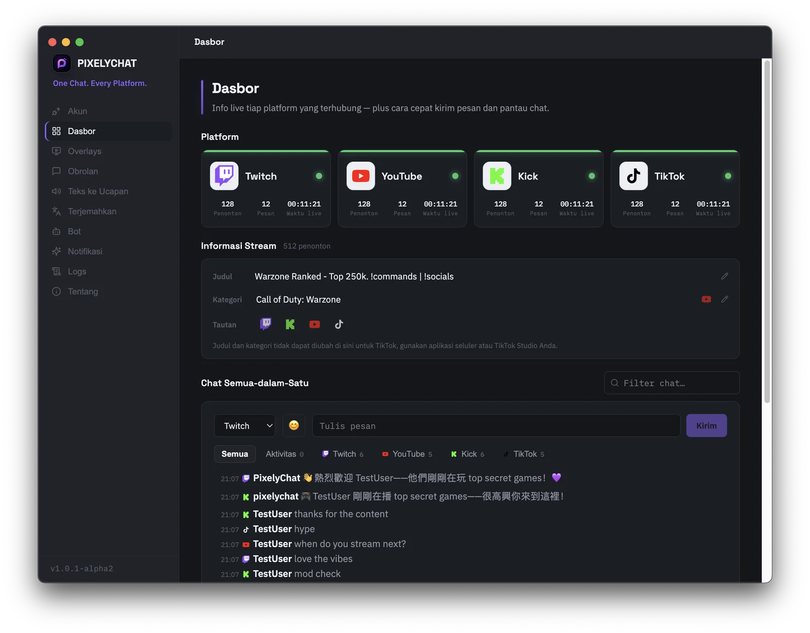 Dashboard PixelyChat dengan kartu platform, informasi stream, dan komposer chat all-in-one