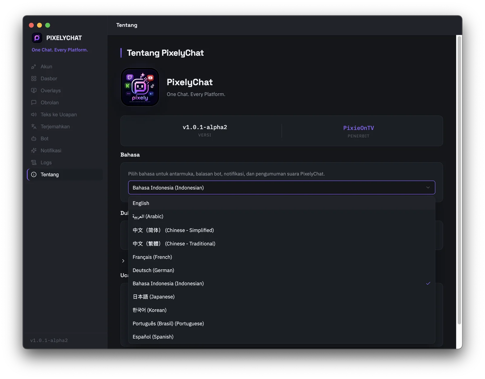 Halaman Tentang PixelyChat dengan dropdown bahasa antarmuka terbuka, menampilkan semua 11 bahasa yang didukung