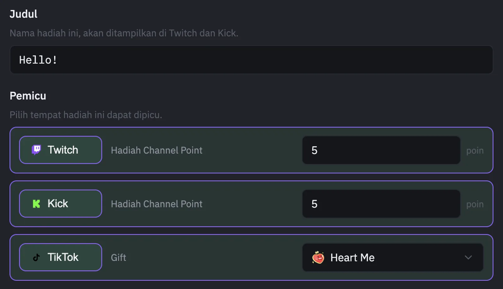 Pengaturan trigger reward PixelyChat menghubungkan gift TikTok berdampingan dengan biaya Channel Points Twitch dan Kick
