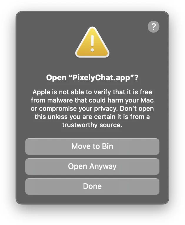 macOS confirmation to open PixelyChat