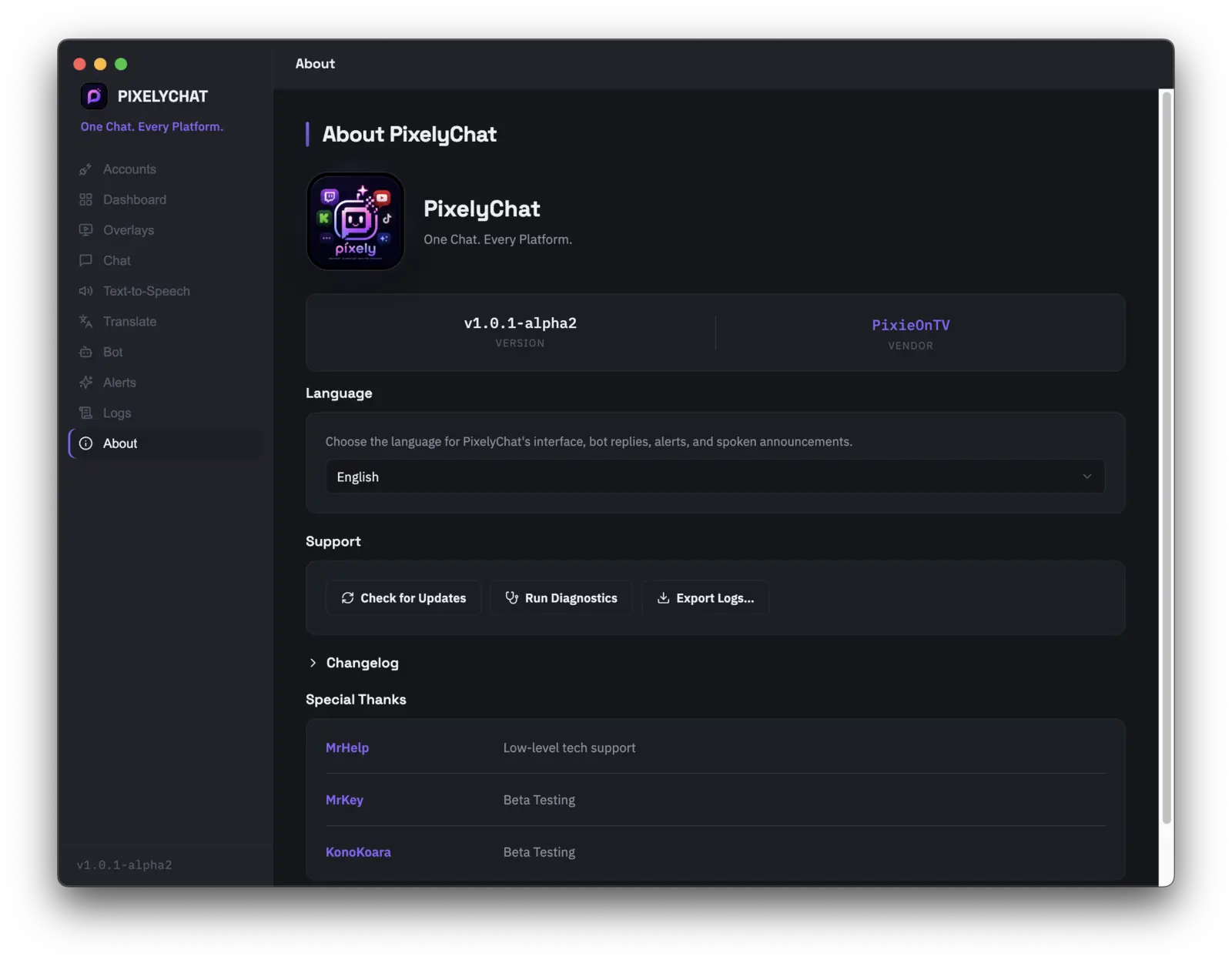PixelyChat About page showing version, vendor and language settings