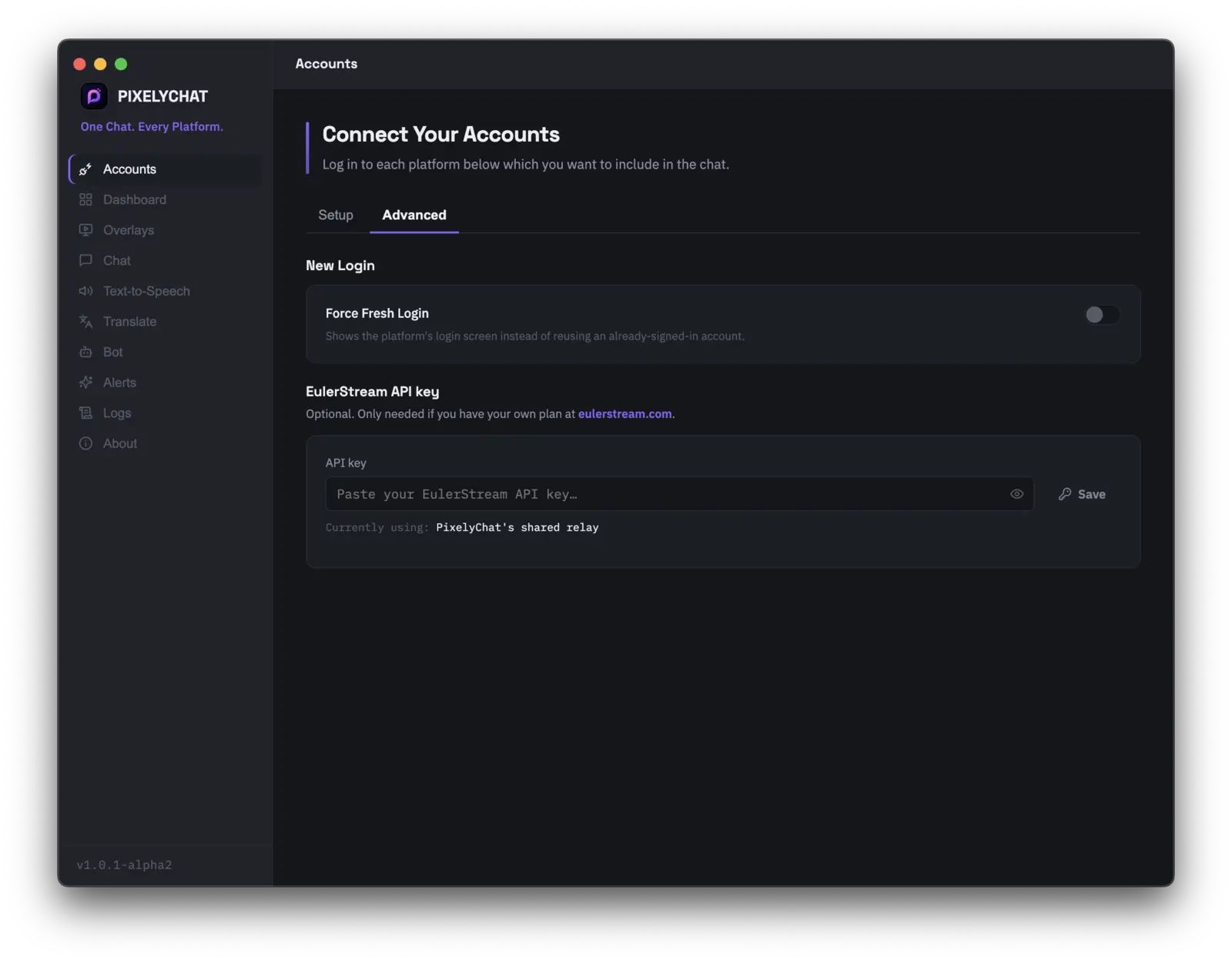 PixelyChat Accounts Advanced tab showing Force Fresh Login and EulerStream API key