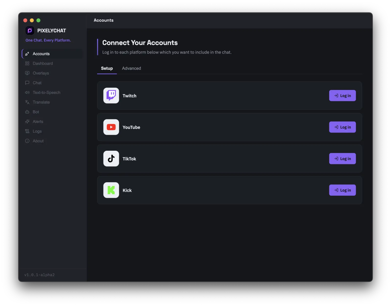 PixelyChat Accounts page