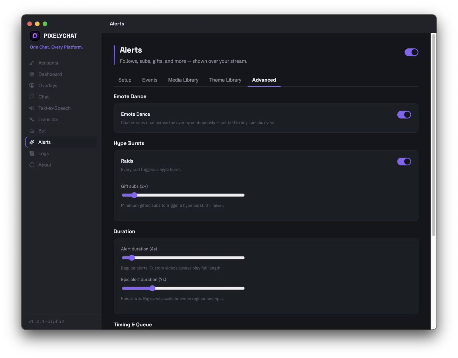 PixelyChat Alerts Advanced tab showing Emote Dance, hype bursts and alert duration