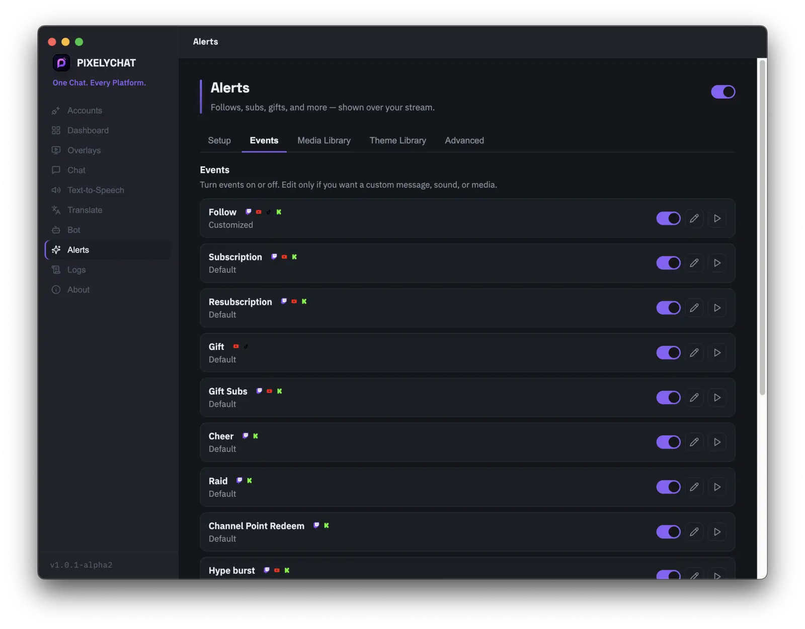 PixelyChat Alerts Events tab listing Follow, Subscription, Gift, Raid and other event toggles