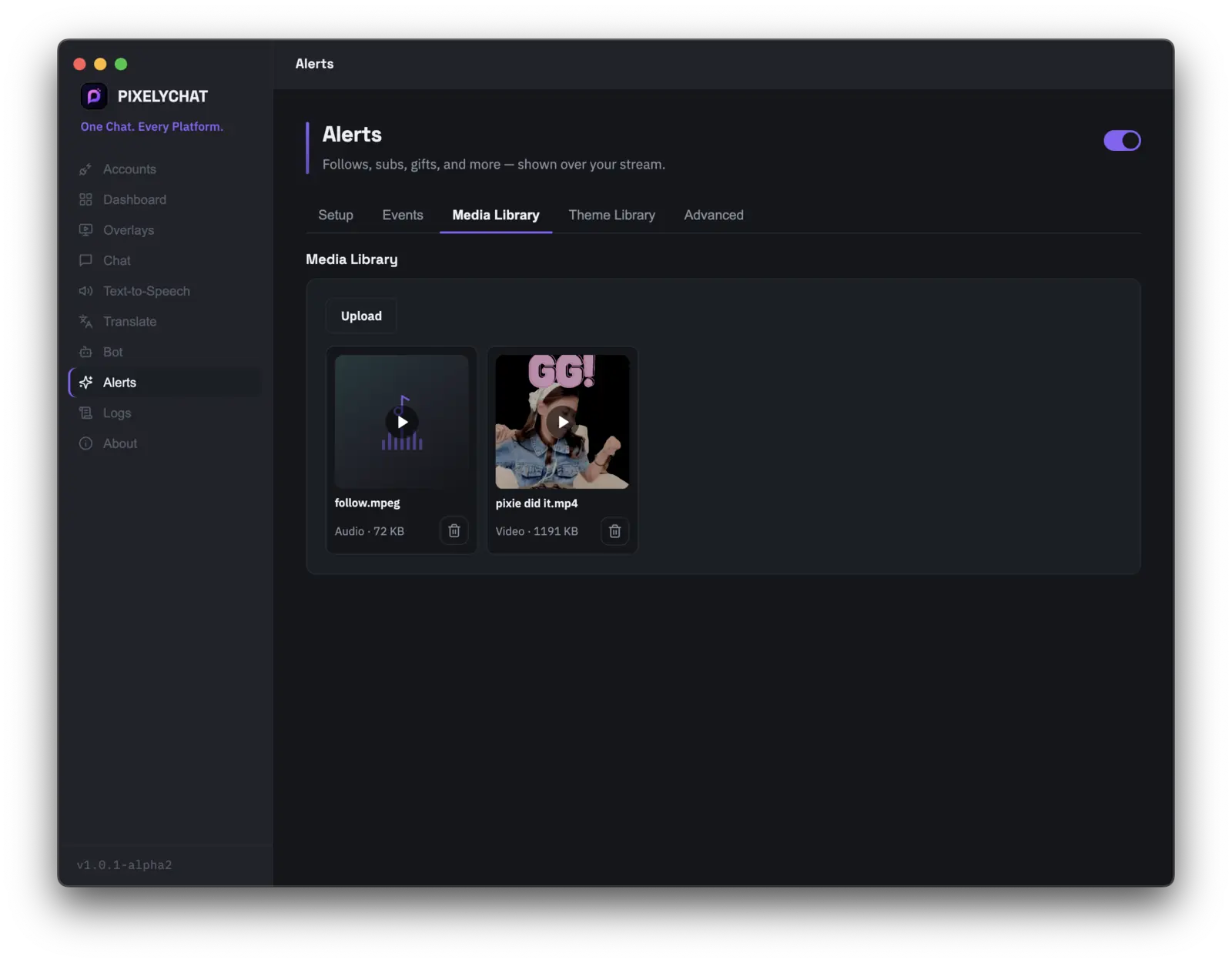 PixelyChat Alerts Media Library tab for uploading custom sounds and videos