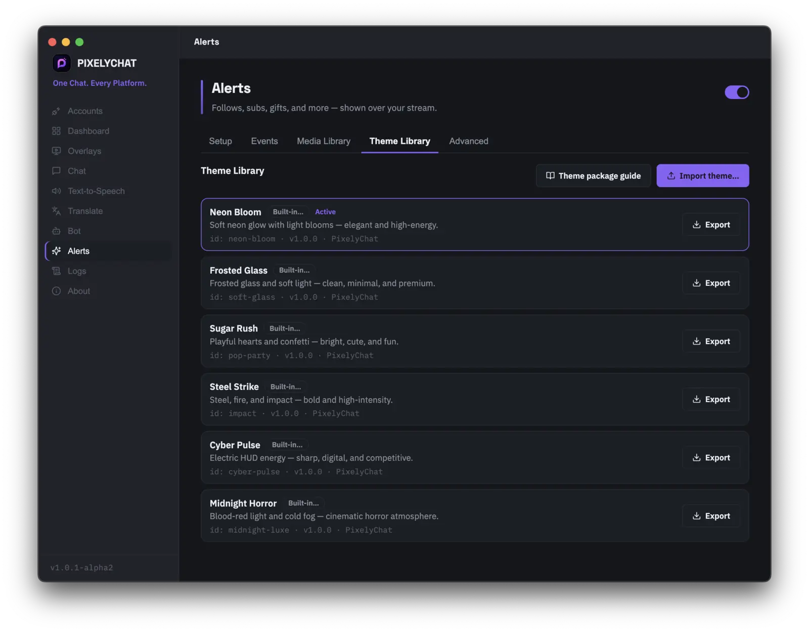 PixelyChat Alerts Theme Library tab showing built-in alert themes