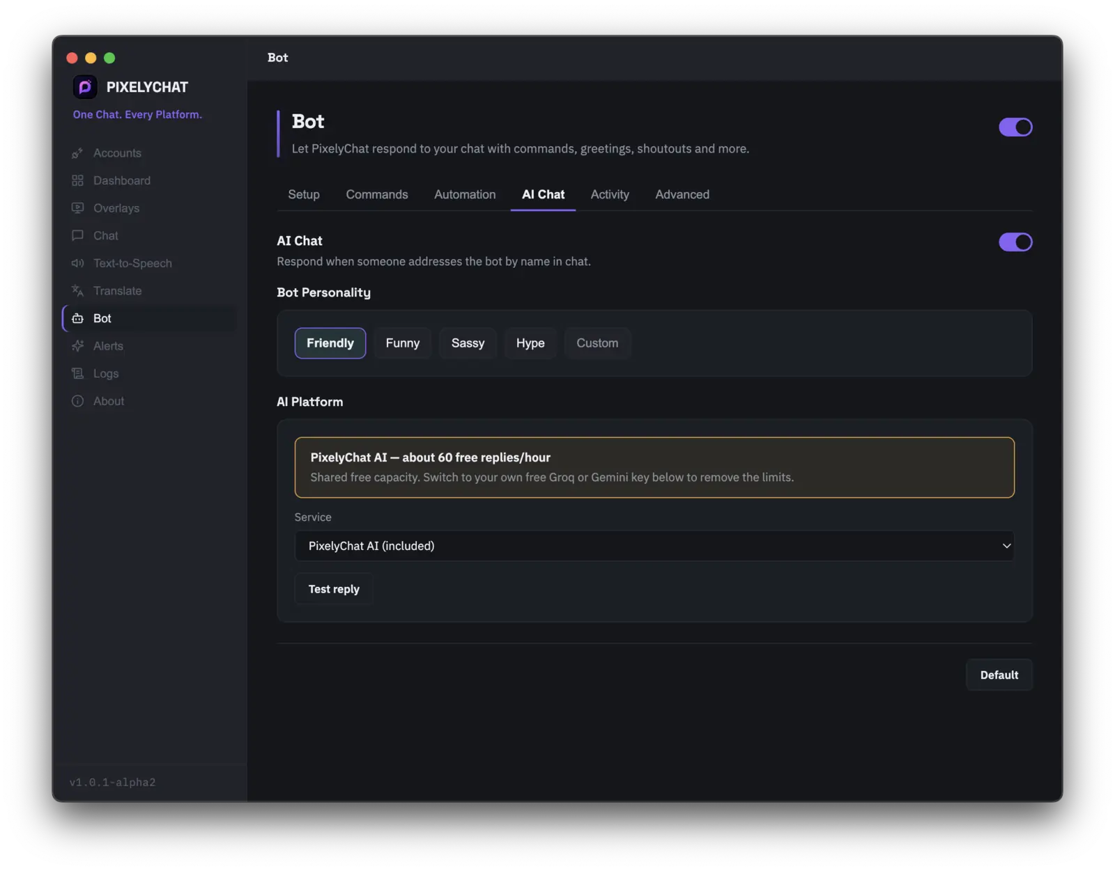 PixelyChat AI Chat screen
