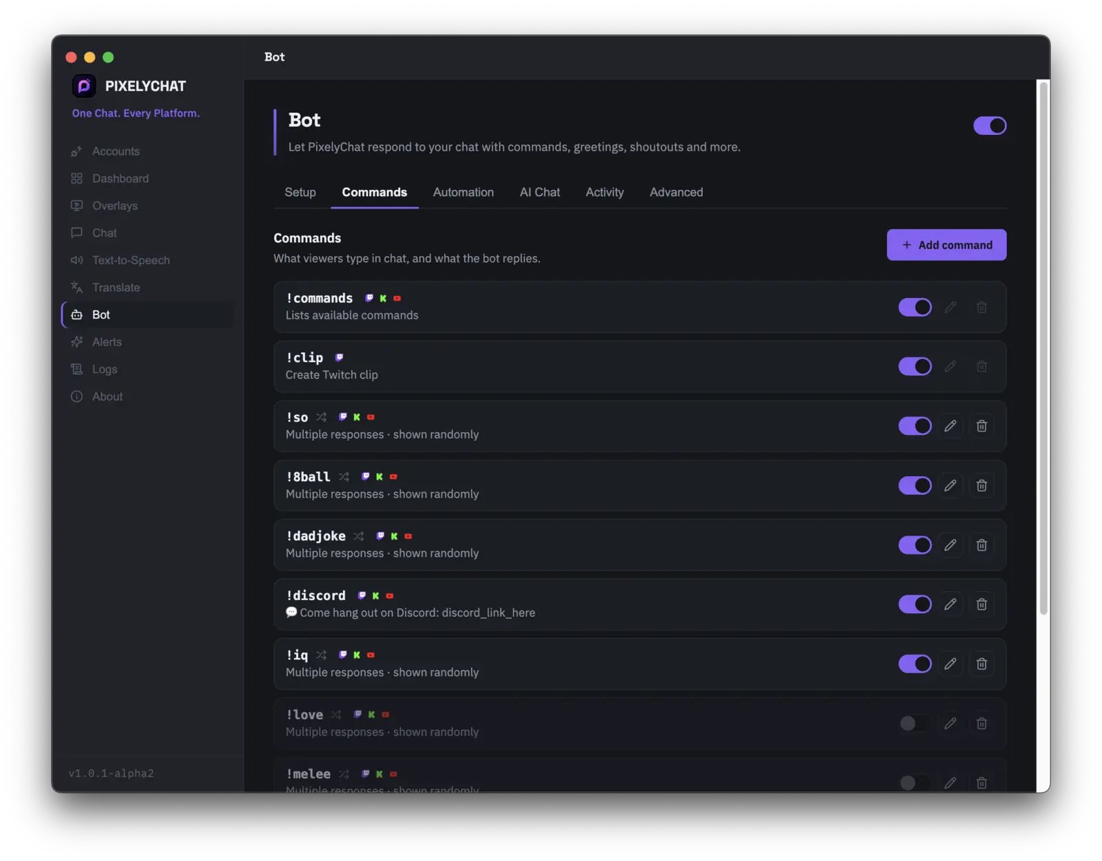 PixelyChat Bot Commands screen