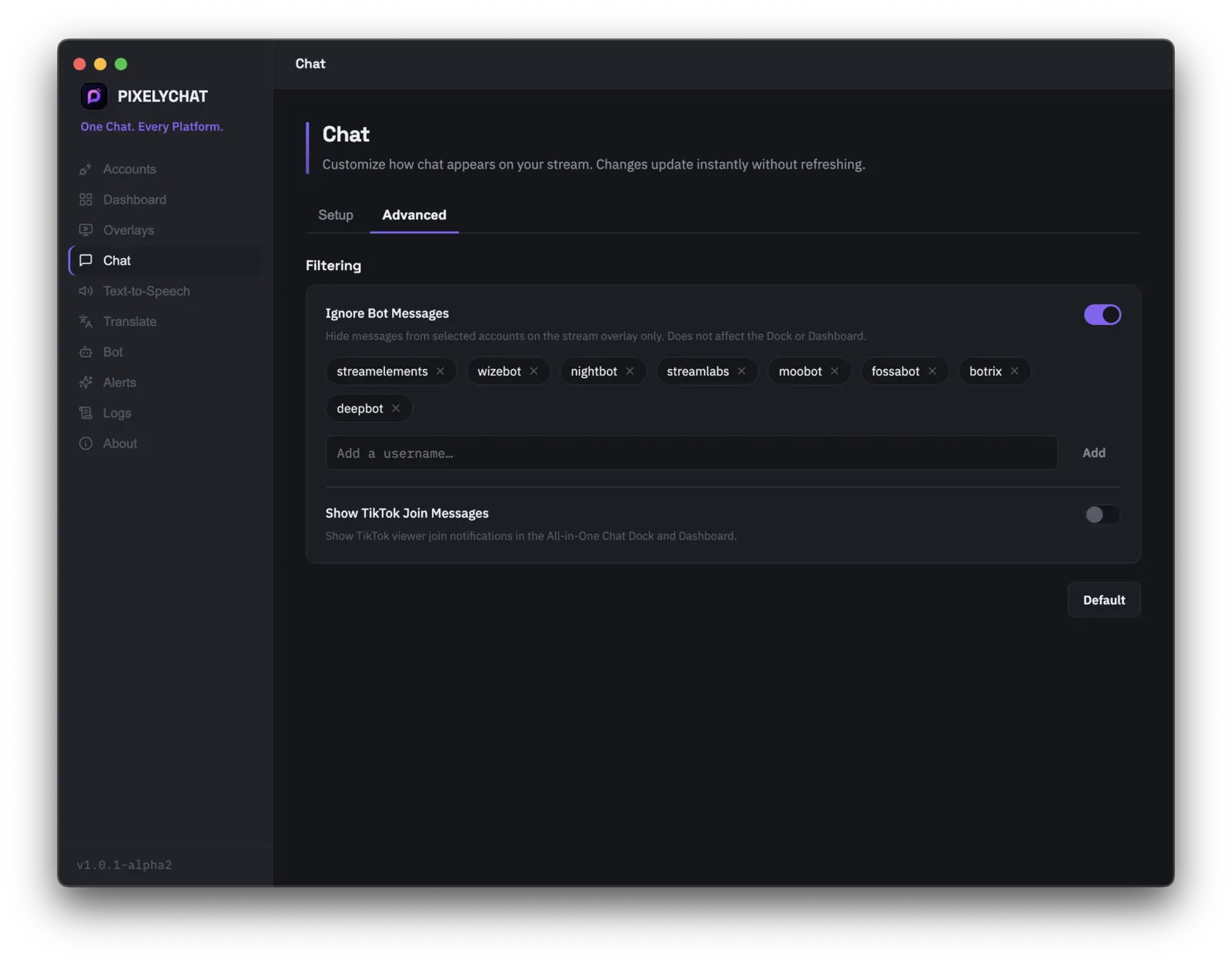 PixelyChat Chat Advanced tab showing ignored bot accounts and the Show TikTok Join Messages toggle