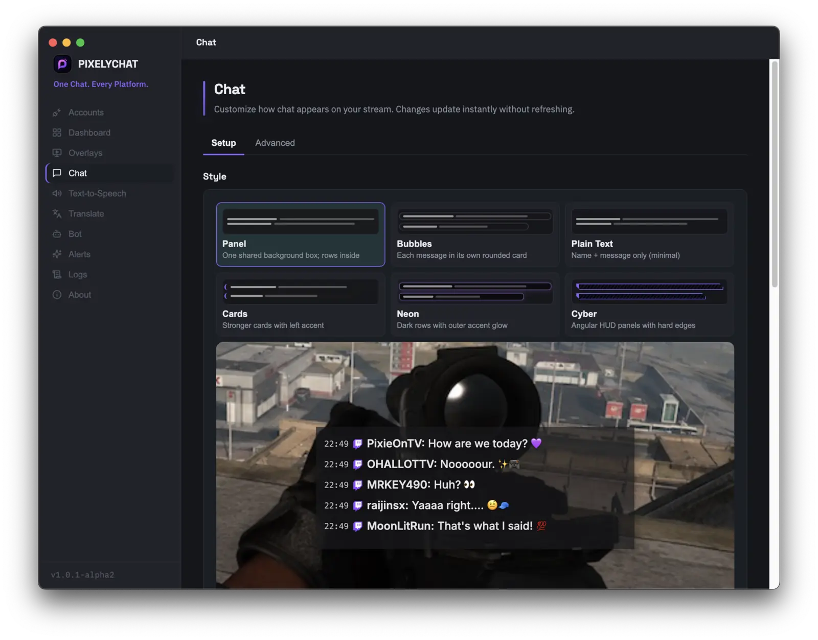PixelyChat Chat Settings page