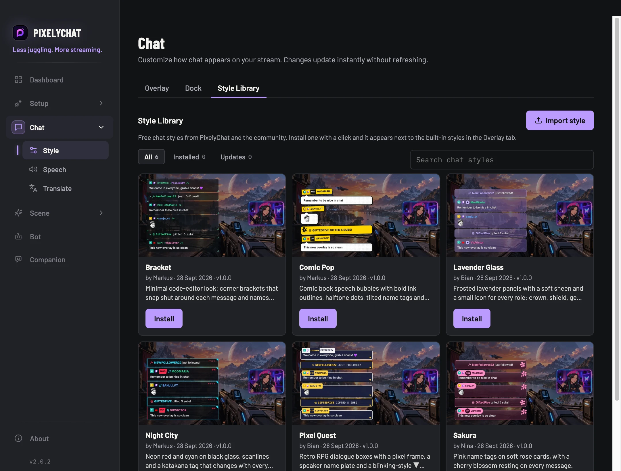 Style Library with installable chat styles