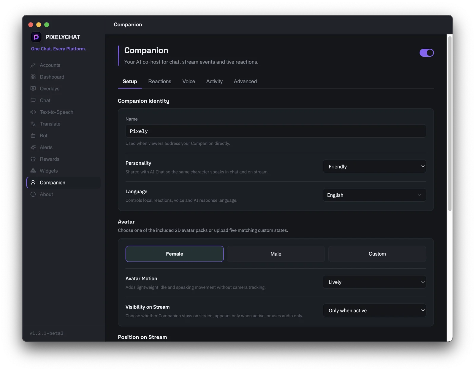 PixelyChat Companion setup page with AI co-host identity, personality, language, avatar and stream visibility controls