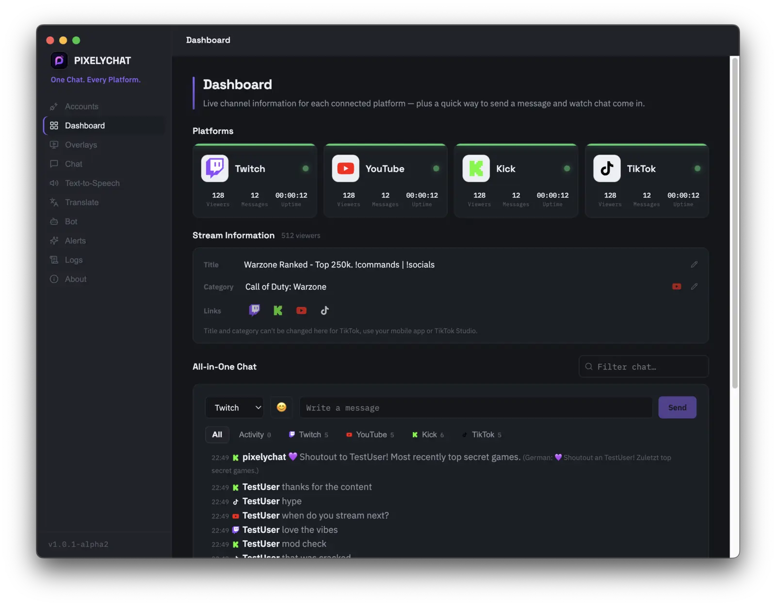 PixelyChat Dashboard with platform cards, stream information and the all-in-one chat composer