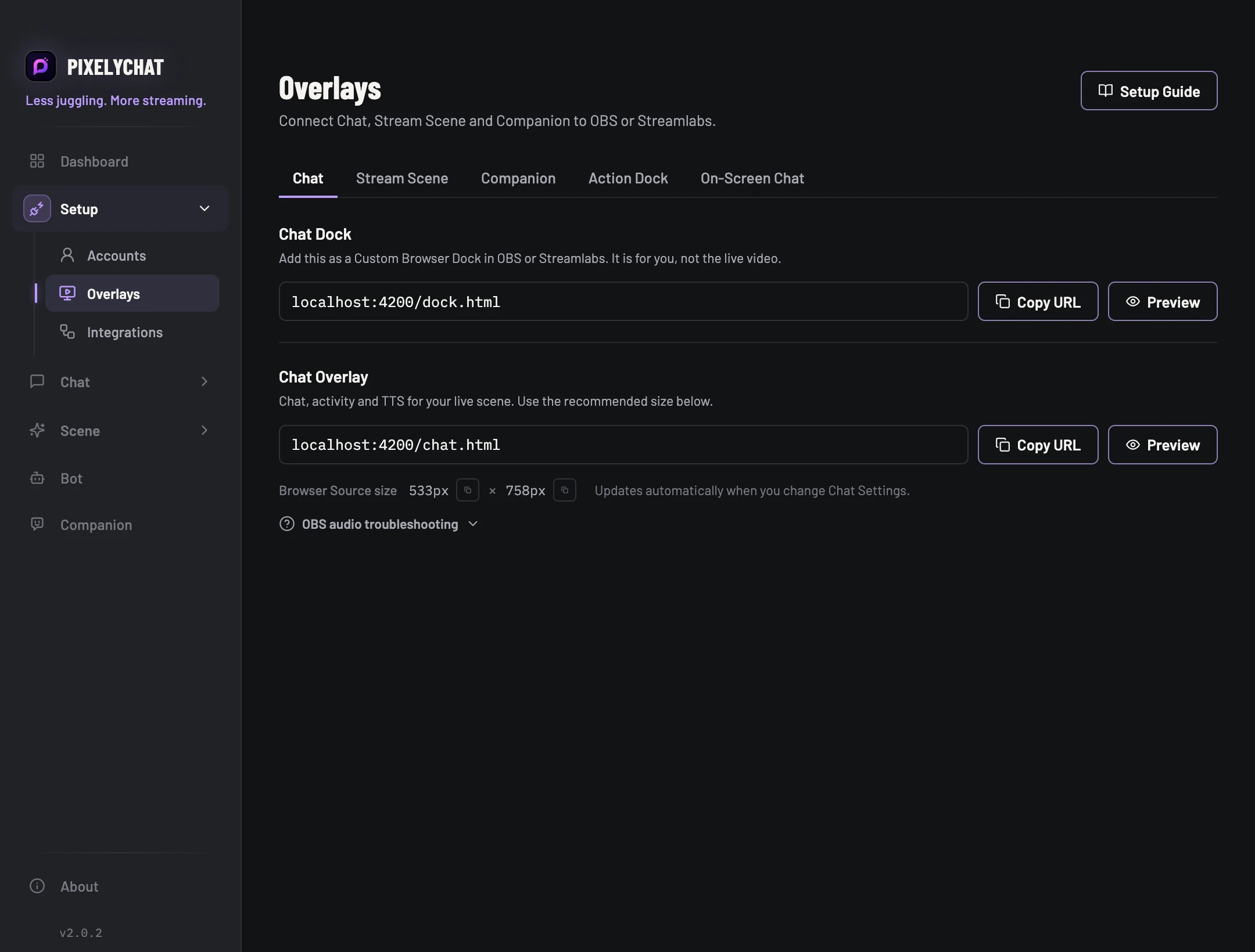 PixelyChat Overlays page for the Chat Browser Source