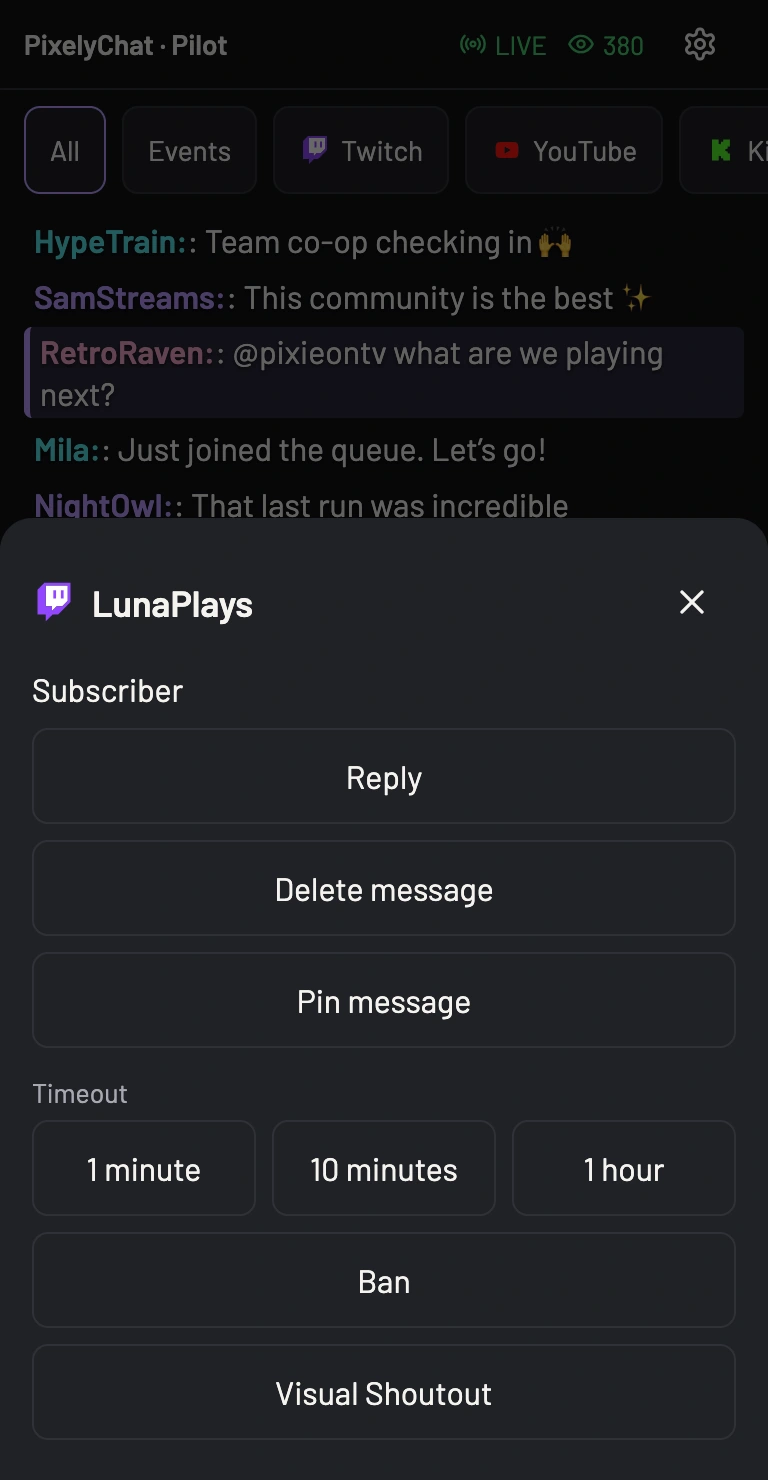 Pilot message menu showing moderation actions on a phone